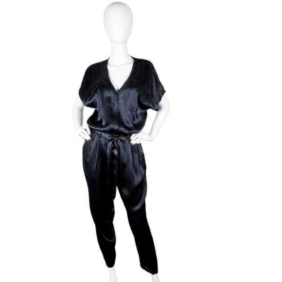 Splendid Satin Ankle Length Tie Waist Blouson Jumpsuit Black Size Medium - Picture 10 of 10